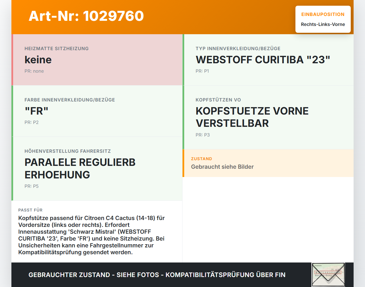 Citroen C4 Cactus 14-18 Kopfstütze für Fahrer Sitz Rechts oder Links Vorne Citroen C4 Cactus 14-18 01.01.2015... Vorschau 3