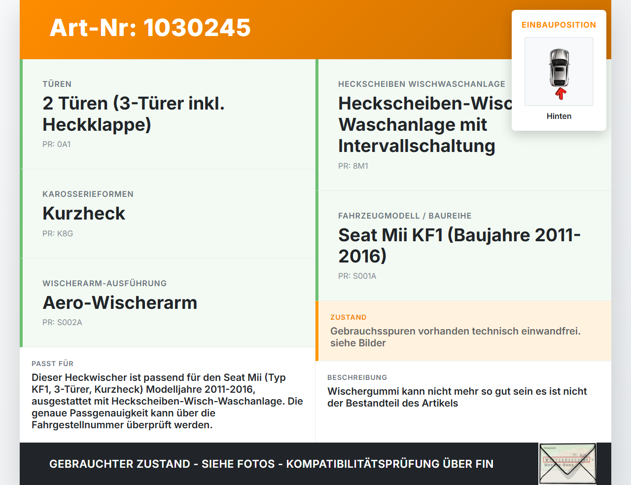 Seat Mii KF1 11-16 Heckwischer Scheibenwischer Hinten Wischarm Seat Mii KF1 11-16 30.03.2016 6R6955707B gebraucht Vorschau 3