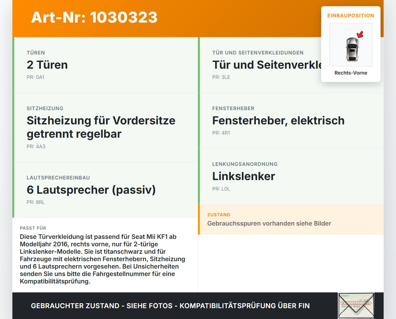 Seat Mii KF1 11-16 Türverkleidung Türpappe Rechts Vorne Seat Mii KF1 11-16 30.03.2016 1S3867012BG gebraucht Vorschau 3