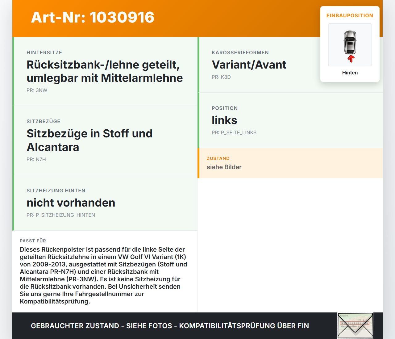 VW Golf VI 6 1K Variant 09-13 Kombi Rückenpolster Linksf. Rücksitzbank Hinten VW Golf VI 6 1K Variant 09-13... Vorschau 3
