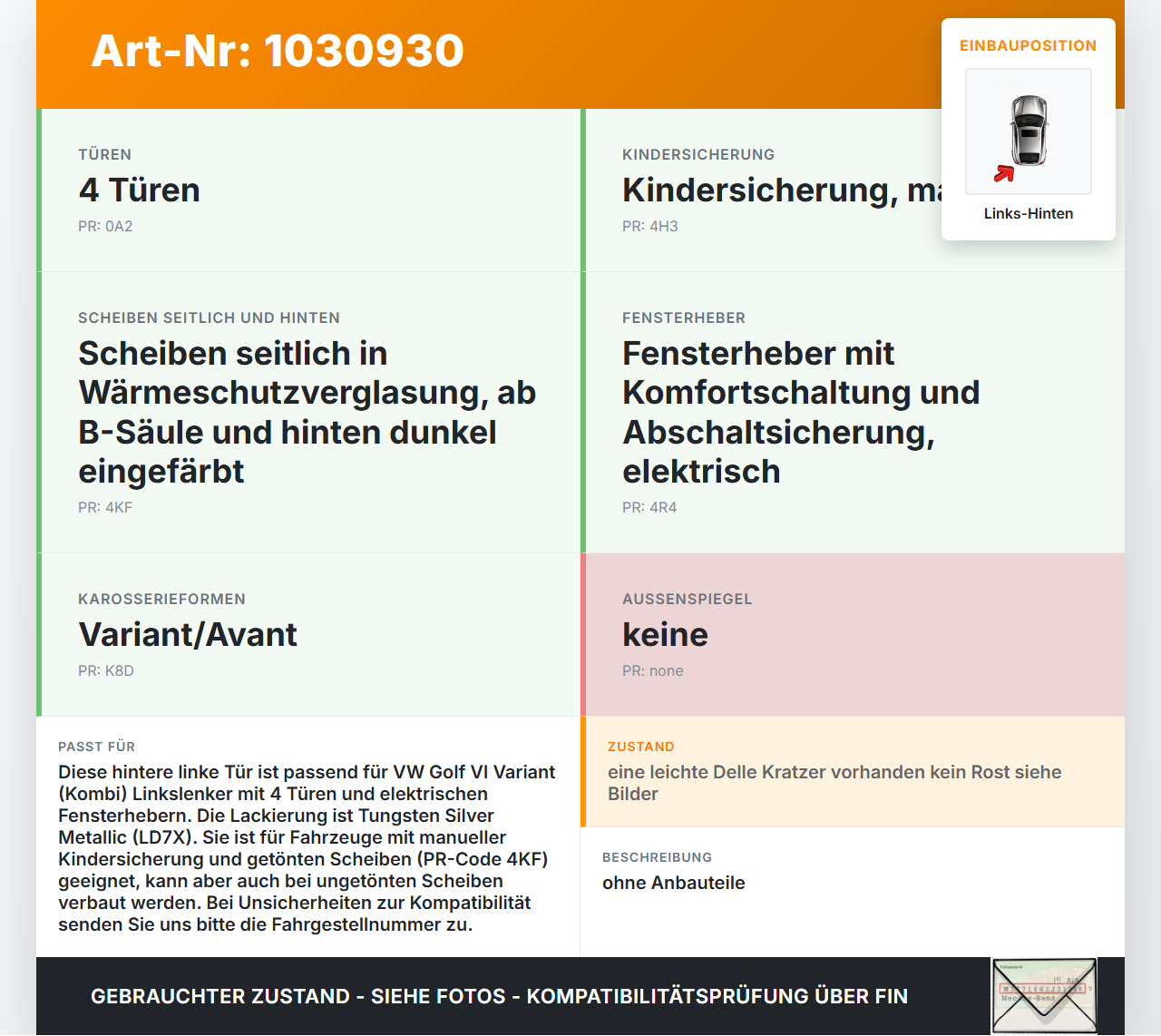 VW Golf VI 6 1K Variant 09-13 Kombi Tür Links Hinten LD7X VW Golf VI 6 1K Variant 09-13 07.10.2010 1K9833055 gebraucht Vorschau 3