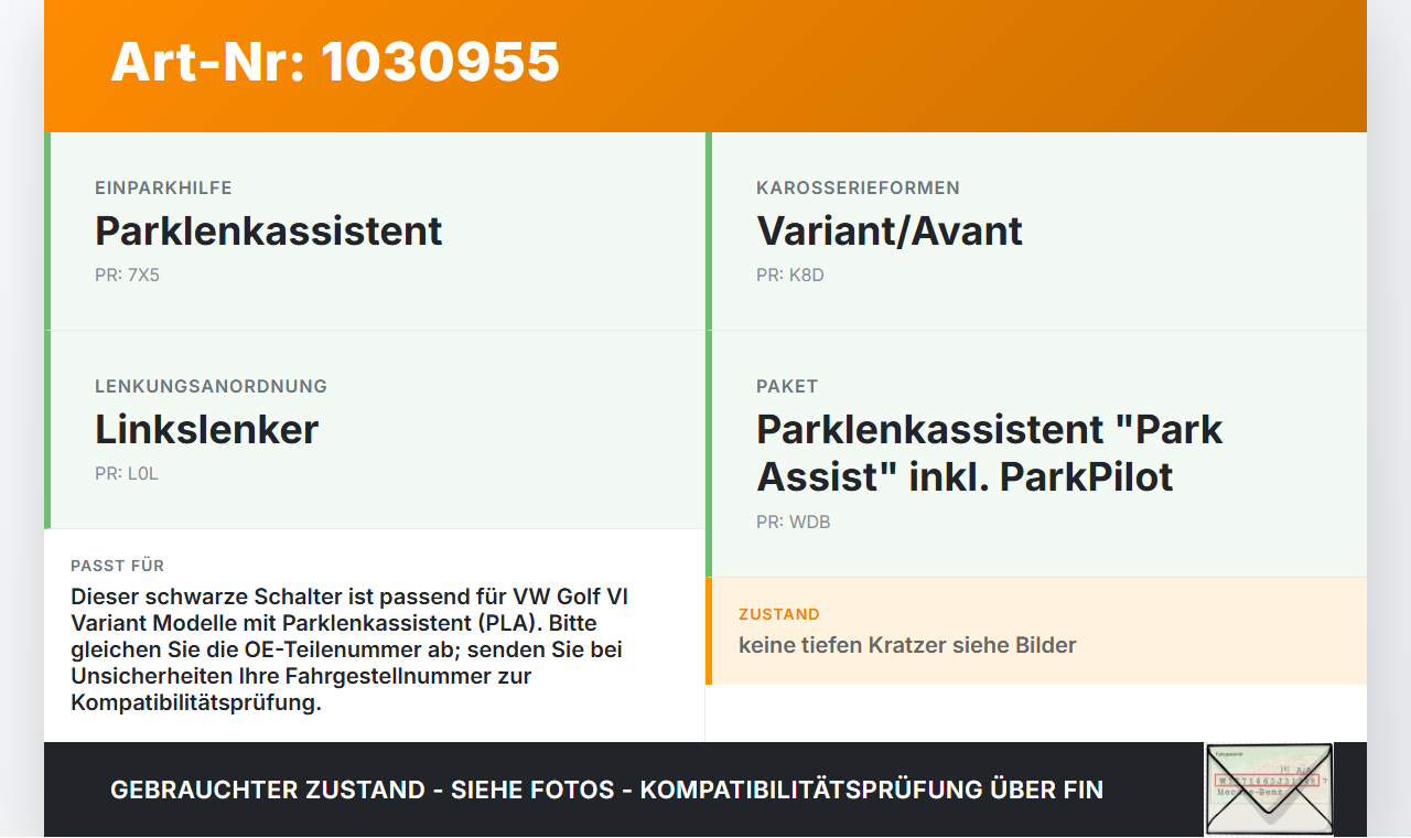 VW Golf VI 6 1K Variant 09-13 Schalter Parklenkassistent PLA Einparkhilfe VW Golf VI 6 1K Variant 09-13 07.10.2010... Vorschau 3