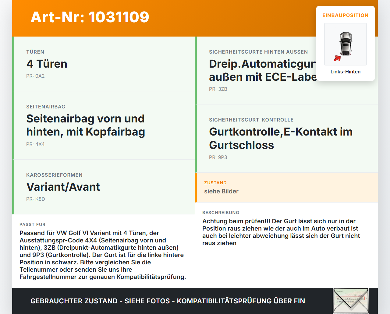 VW Golf VI 6 1K Variant 09-13 Gurt Sicherheitsgurt Links Hinten VW Golf VI 6 1K Variant 09-13 07.10.2010 1K9857805H... Vorschau 3