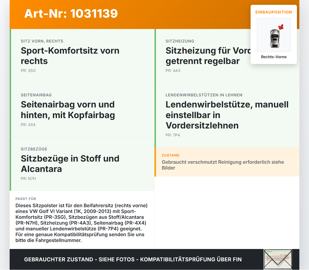 VW Golf VI 6 1K Variant 09-13 Sitzbezug Sitzpolster für Beifahrersitz Rechts Vorne VW Golf VI 6 1K Variant 09-13... Vorschau 3
