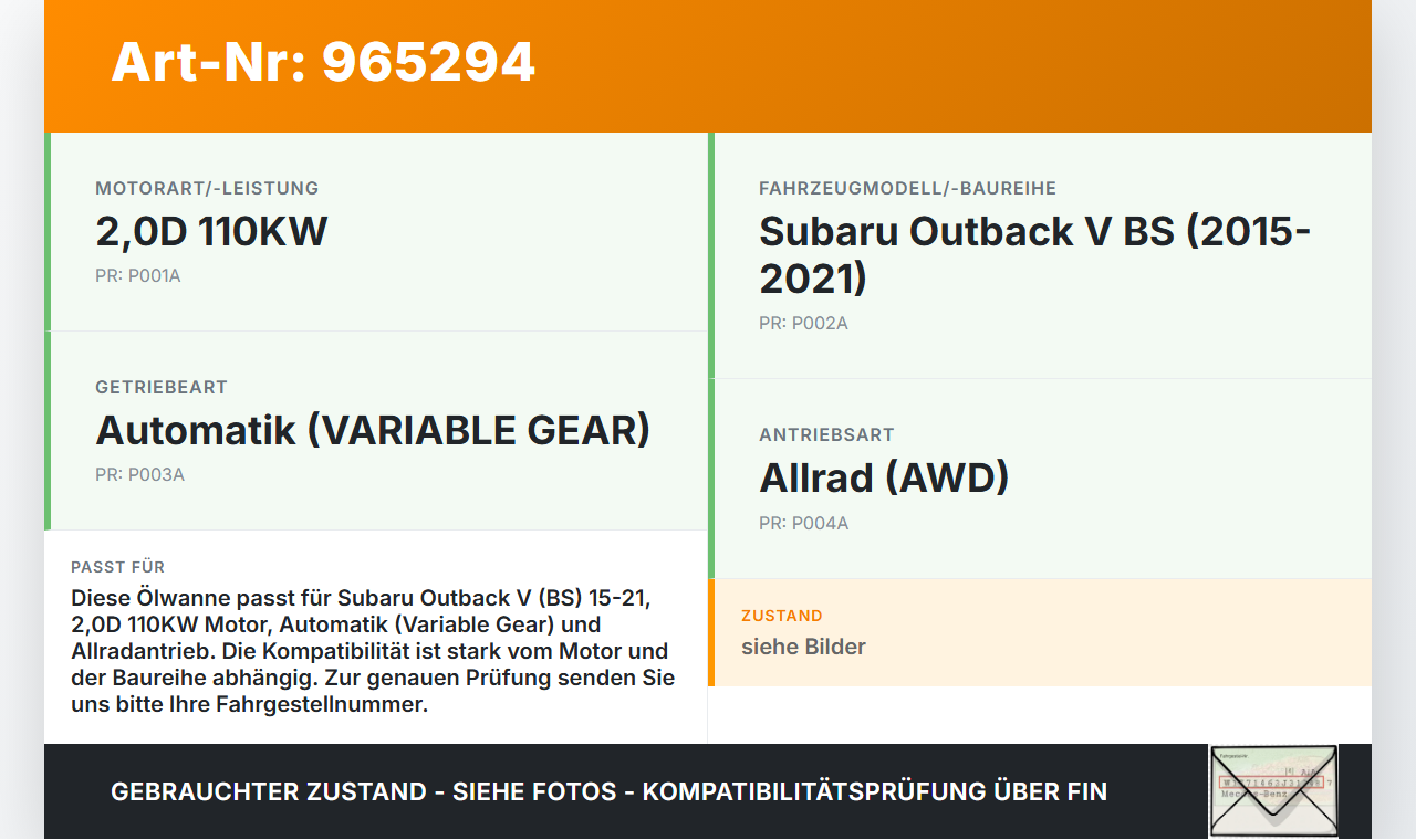 Subaru Outback V BS 15-21 2,0D 110KW Ölwanne Motorwanne Subaru Outback V BS 15-21 15.12.2014 gebraucht Vorschau 3