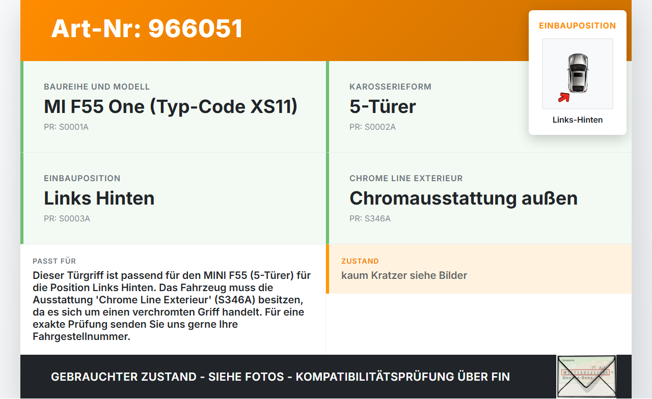 Mini F55 One 14-17 Türgriff Griff aussen Links Hinten Chrom A94 Mini F55 One 14-17 02.07.2015 51217327339 gebraucht Vorschau 3