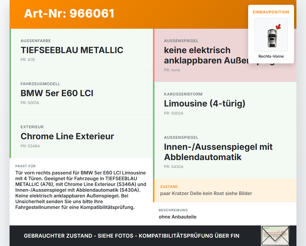 BMW E60 530d LCI 07-10 Lim Tür Beifahrertür Rechts Vorne A76 BMW E60 530d LCI 07-10 23.10.2008 4151-5A2A3A6 5A2A3A6... Vorschau 3