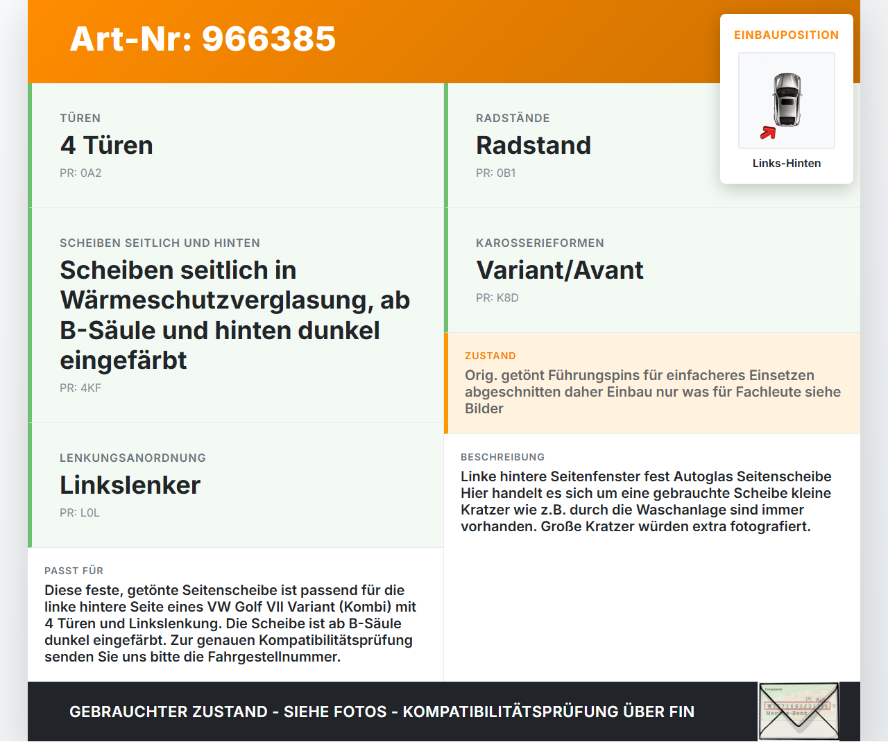 VW Golf VII 7 Variant 17-20 Kombi Seitenscheibe Feste Scheibe Links Hinten Orig. getönt VW Golf VII 7 Variant 17-20... Vorschau 3