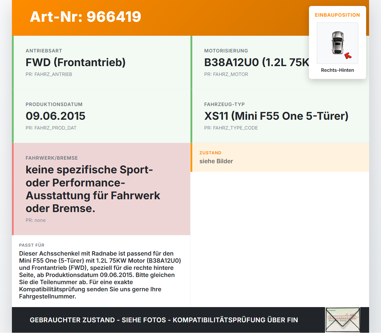 Mini F55 One 14-17  1,2 75KW Achsschenkel Radnabe Rechts Hinten Mini F55 One 14-17 02.07.2015 3330-8842878 8842878... Vorschau 3