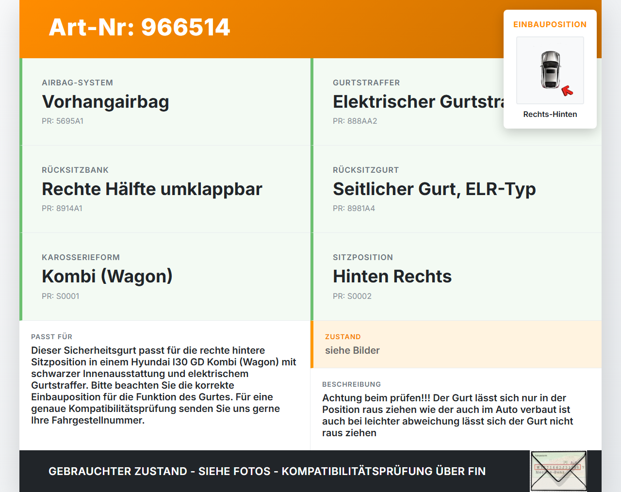 Hyundai I30 GD 15-17 Kombi Gurt Sicherheitsgurt Rechts Hinten Hyundai I30 GD 15-17 08.07.2015 89820A6010TRY... Vorschau 3
