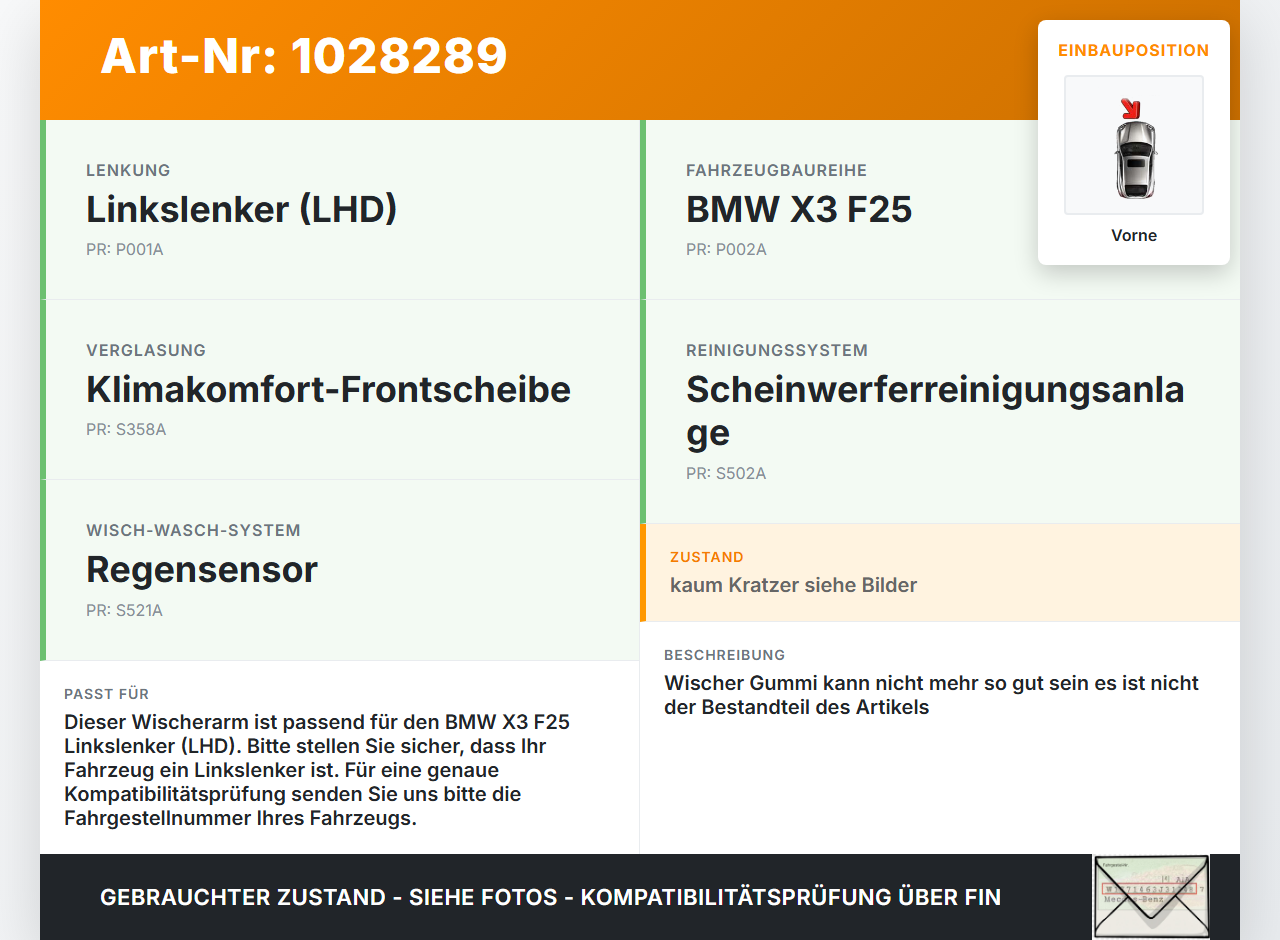 BMW X3 F25 10-14 2x Scheibenwischer Wischarm Vorne BMW X3 F25 10-14 30.03.2011 7213271 61617213271 gebraucht Vorschau 3