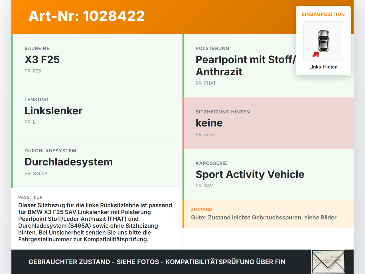 BMW X3 F25 10-14 Sitzbezug Rückenpolster Links für Rücksitzbank Hinten BMW X3 F25 10-14 30.03.2011 7235439... Vorschau 3