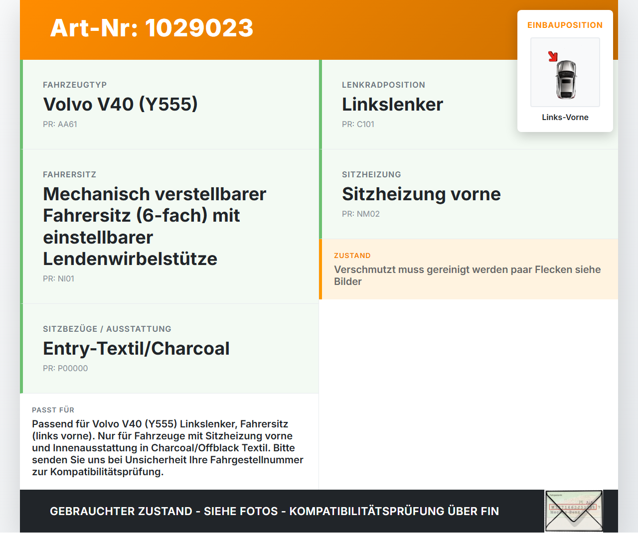 Volvo V40 525 12-16 Kombi Sitzbezug Sitzpolster für Fahrersitz Sitz Links Vorne beheizt Volvo V40 525 12-16... Vorschau 3