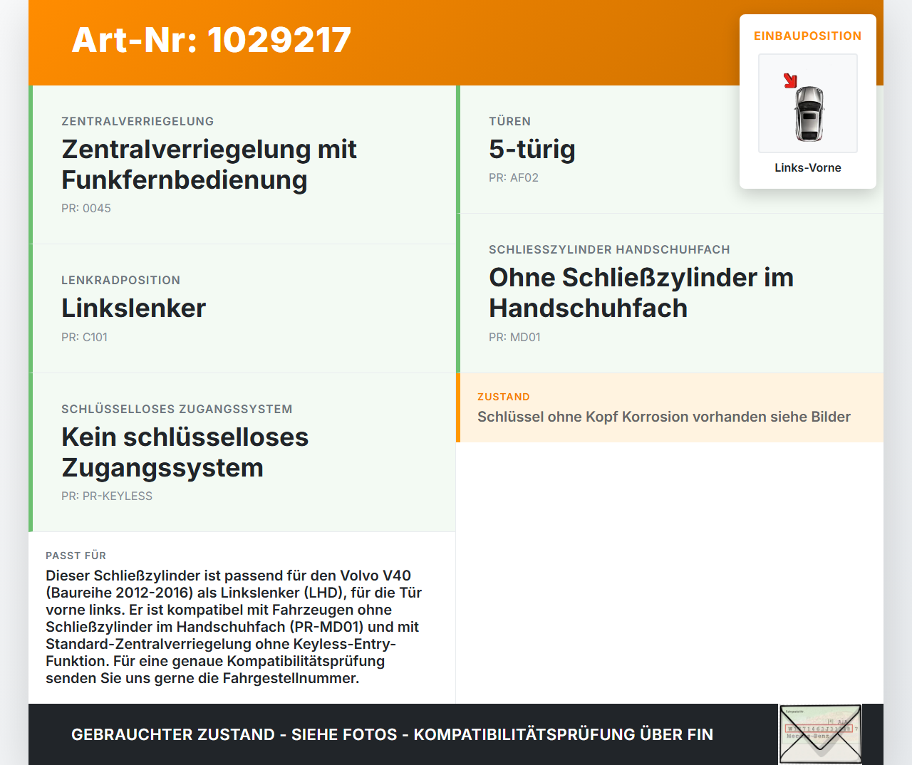 Volvo V40 525 12-16 Kombi Schließzylinder Türschloss für Tür Links Vorne 2x Schlüssel Volvo V40 525 12-16... Vorschau 3
