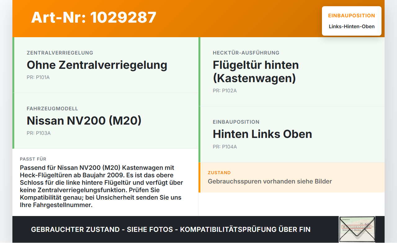 Nissan NV200 09-21 Kasten Türschloss ohne ZV Links Hinten Oben für Flügeltür Nissan NV200 09-21 01.08.2010... Vorschau 3