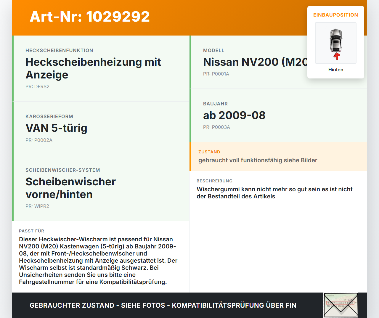 Nissan NV200 09-21 Kasten Heckwischer Scheibenwischer Hinten Wischarm Nissan NV200 09-21 01.08.2010 28780JX56B gebraucht Vorschau 3