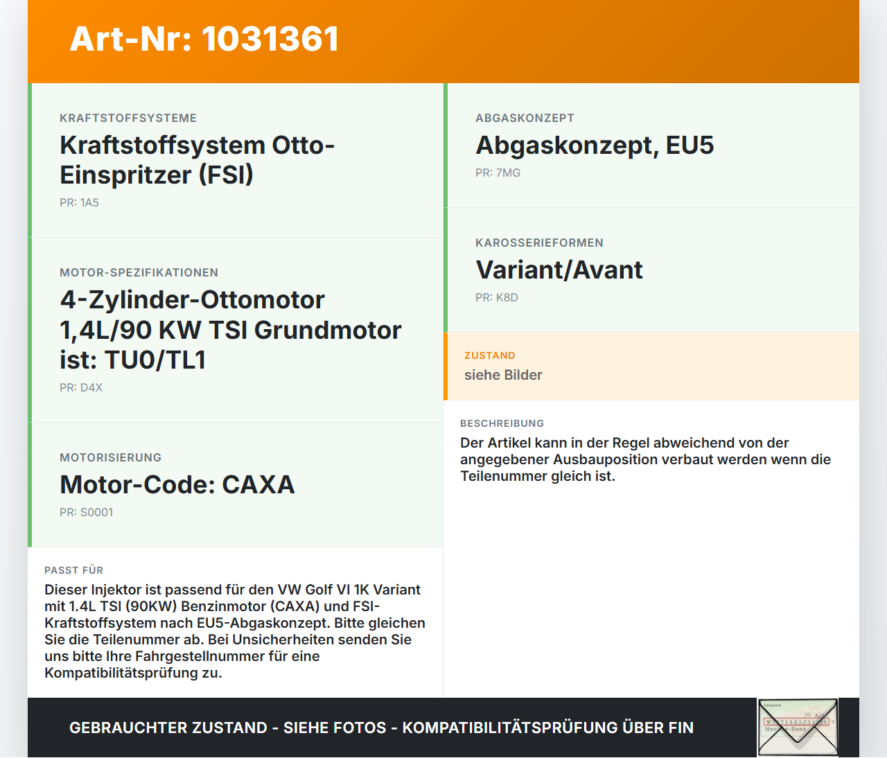 VW Golf VI 6 1K Variant 09-13 TSI 1,4 90KW Injektor Einspritzdüse Einspritzventil 1 VW Golf VI 6 1K Variant 09-13... Vorschau 3