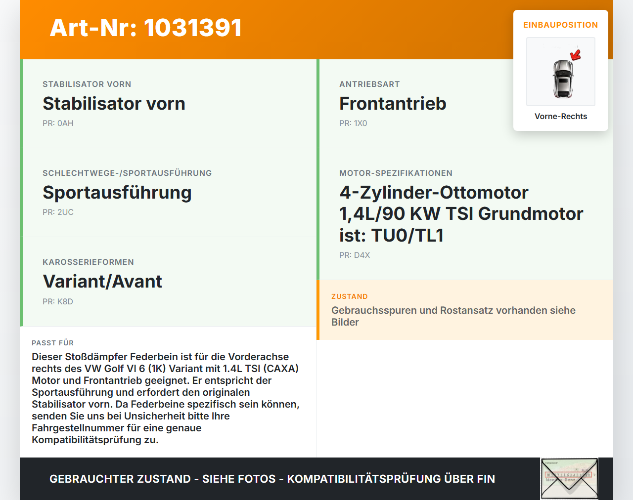 VW Golf VI 6 1K Variant 09-13 Stossdämpfer Federbein Vorne Rechts VW Golf VI 6 1K Variant 09-13 07.10.2010... Vorschau 3