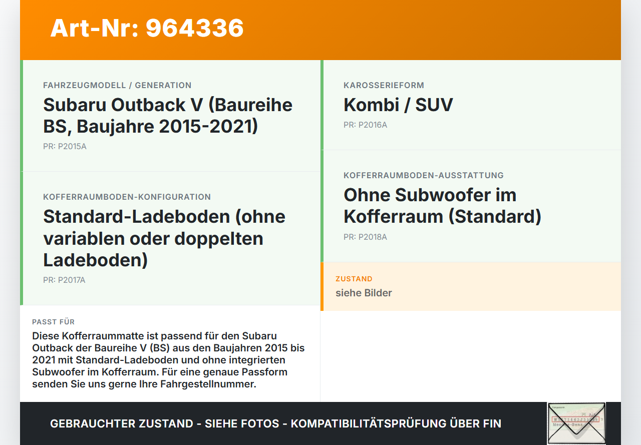 Subaru Outback V BS 15-21 Kofferraummatte Kofferraum Einlegeboden Subaru Outback V BS 15-21 15.12.2014 gebraucht Vorschau 3