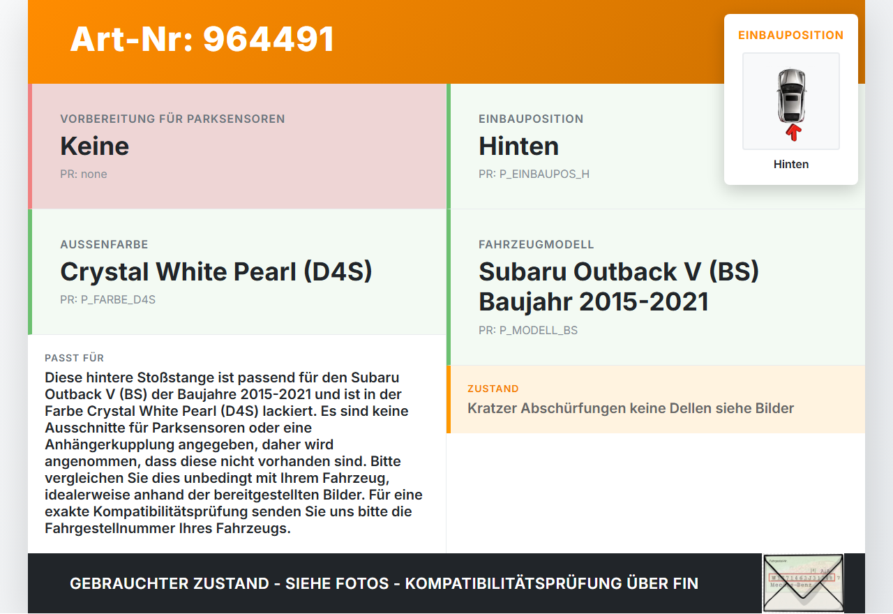 Subaru Outback V BS 15-21 Stoßstange Stoßfänger Hinten D4S Subaru Outback V BS 15-21 15.12.2014 gebraucht Vorschau 3