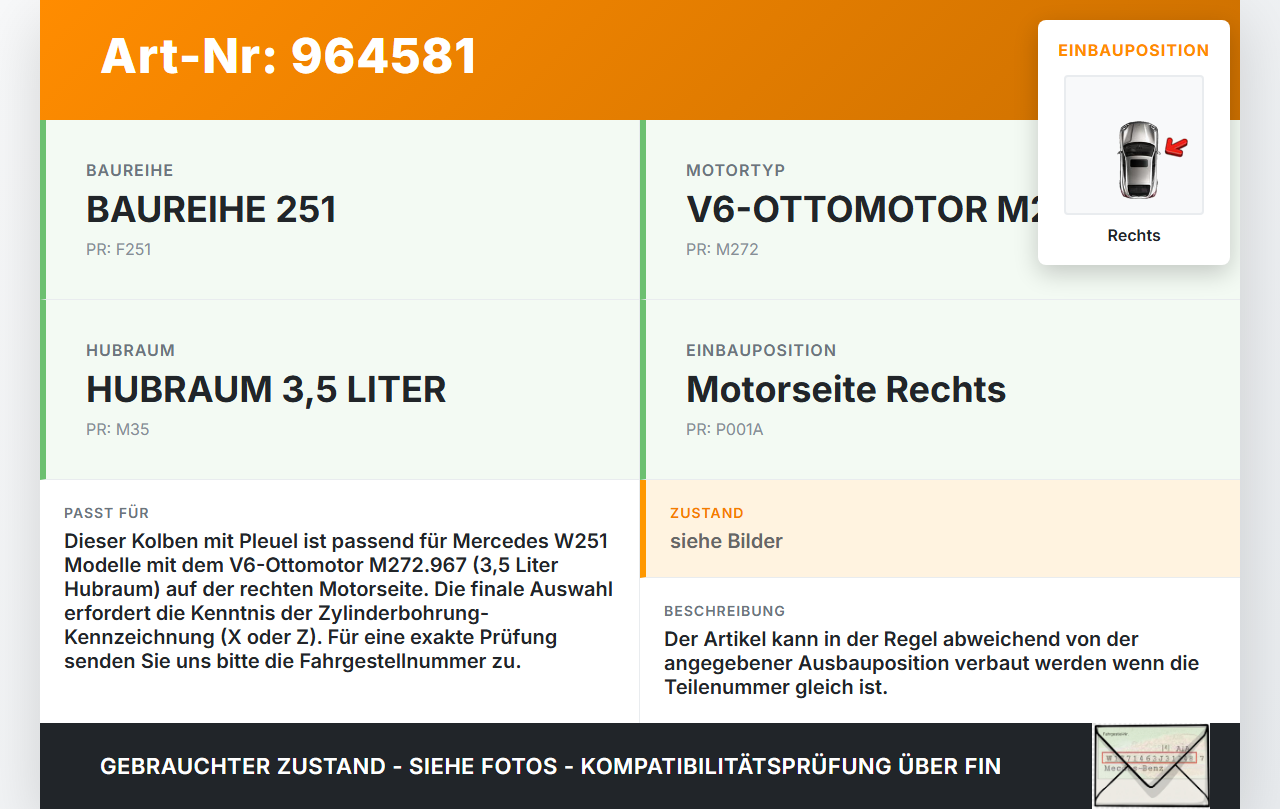 Mercedes W251 R350 07-10 3,5 200KW 272.967 Kolben mit Pleuel Pos F 1-3 Rechts Mercedes W251 R350 07-10 27.02.2007... Vorschau 3