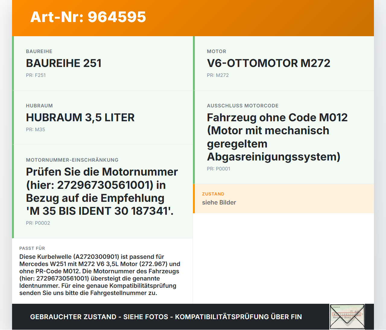 Mercedes W251 R350 07-10 3,5 200KW 272.967 Kurbelwelle Mercedes W251 R350 07-10 27.02.2007 A2720300901 gebraucht Vorschau 3