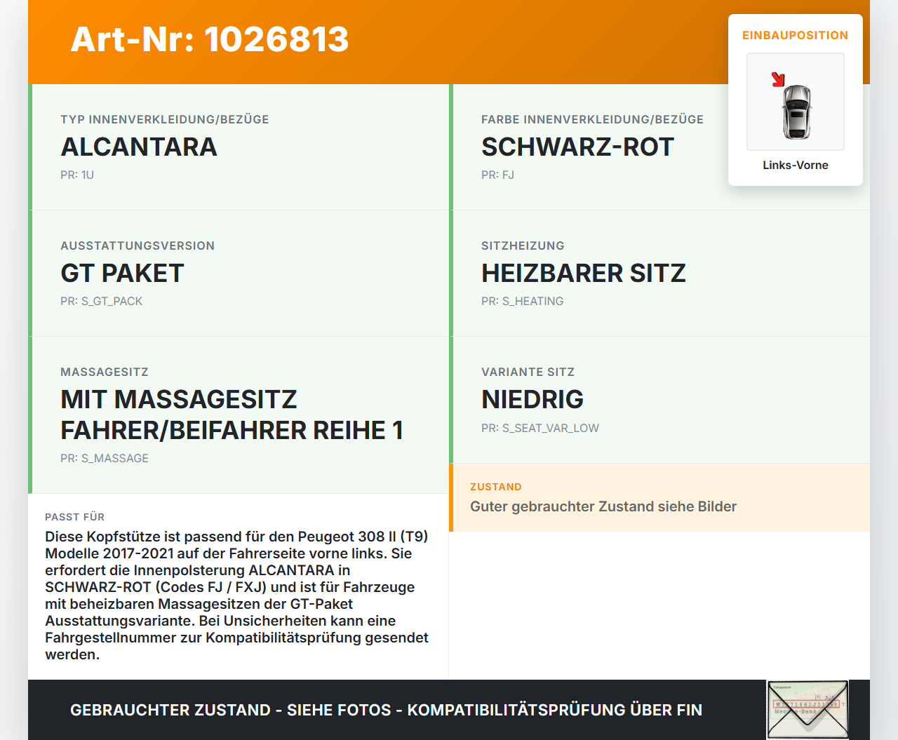 Peugeot 308 II 17-21 Kopfstütze für Fahrer Sitz Links Vorne Peugeot 308 II 17-21 06.04.2021 16131384XJ gebraucht Vorschau 3