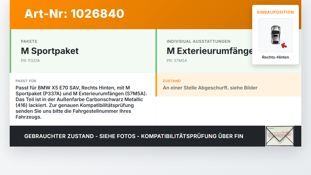 BMW X5 E70 07-10 Leiste für Kotflügel Radlauf Rechts Hinten 416 BMW X5 E70 07-10 07.10.2008 0413820 gebraucht Vorschau 3