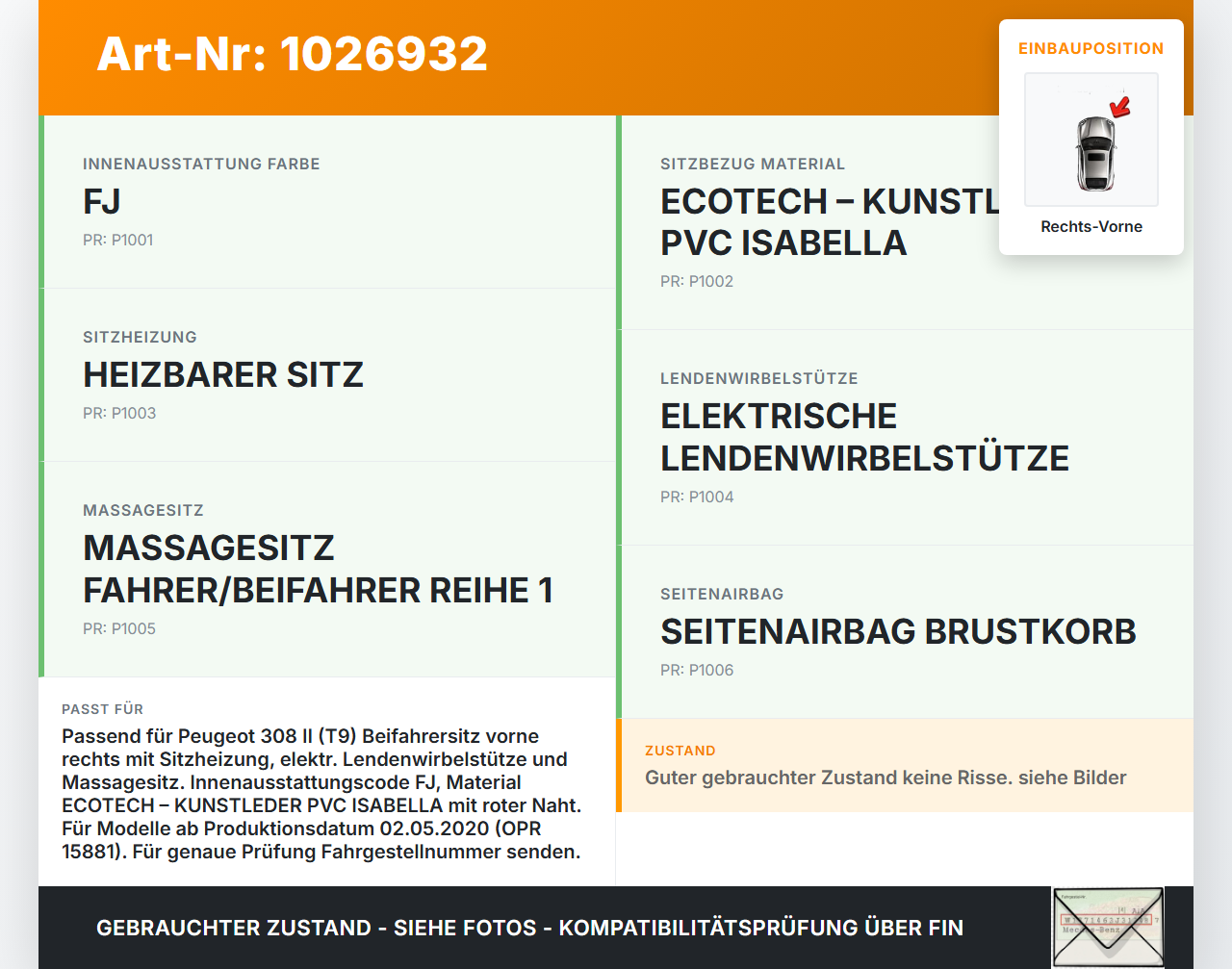 Peugeot 308 II 17-21 Lim Sitzpolster für Beifahrersitz Rechts Vorne SRS rote Naht Peugeot 308 II 17-21 06.04.2021... Vorschau 3