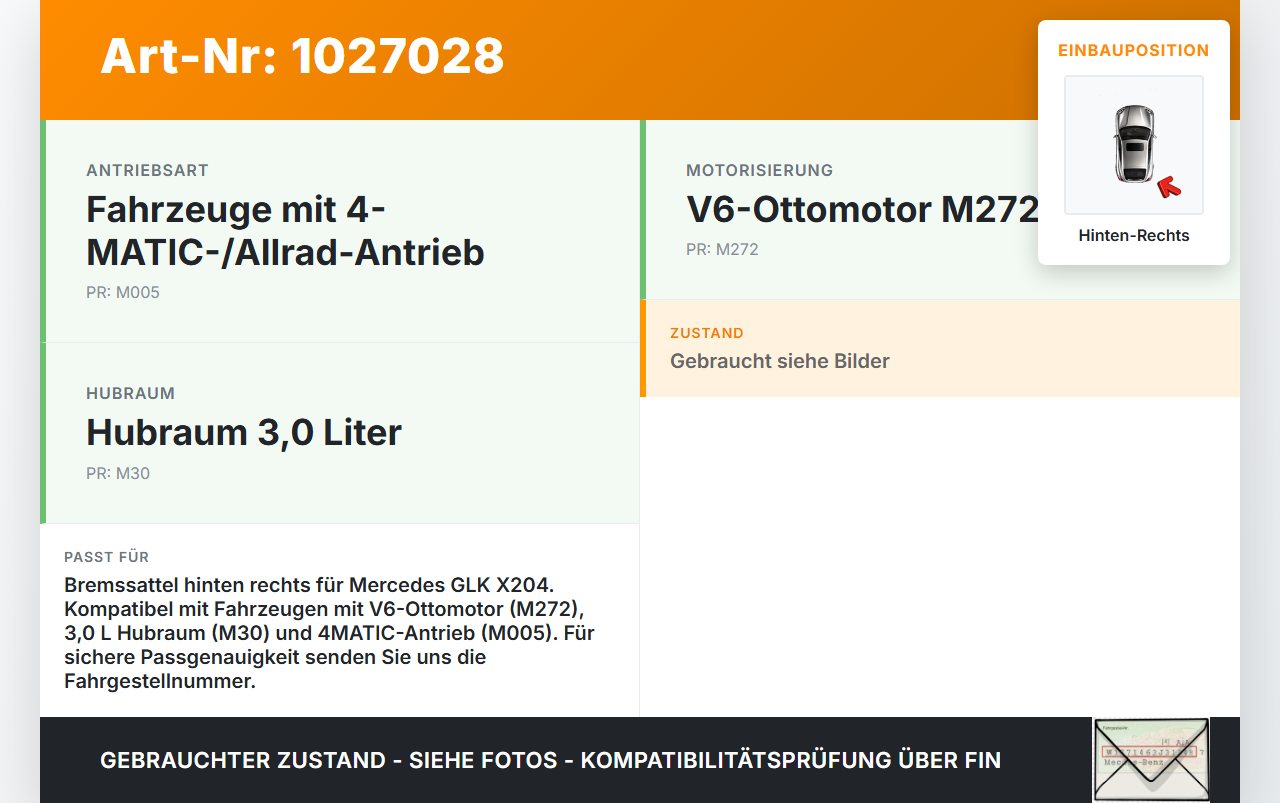 Mercedes GLK 300 X204 08-12 3,0 170KW Bremssattel Bremszange Hinten Rechts Mercedes GLK 300 X204 08-12 30.06.2009... Vorschau 3