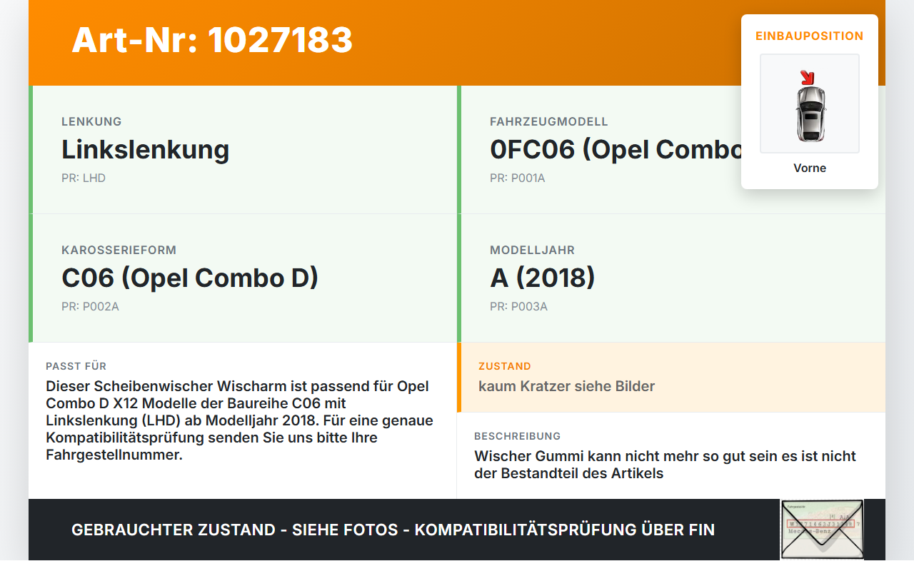 Opel Combo D X12 11-18 2x Scheibenwischer Wischarm Vorne Opel Combo D X12 11-18 09.04.2018 gebraucht Vorschau 3