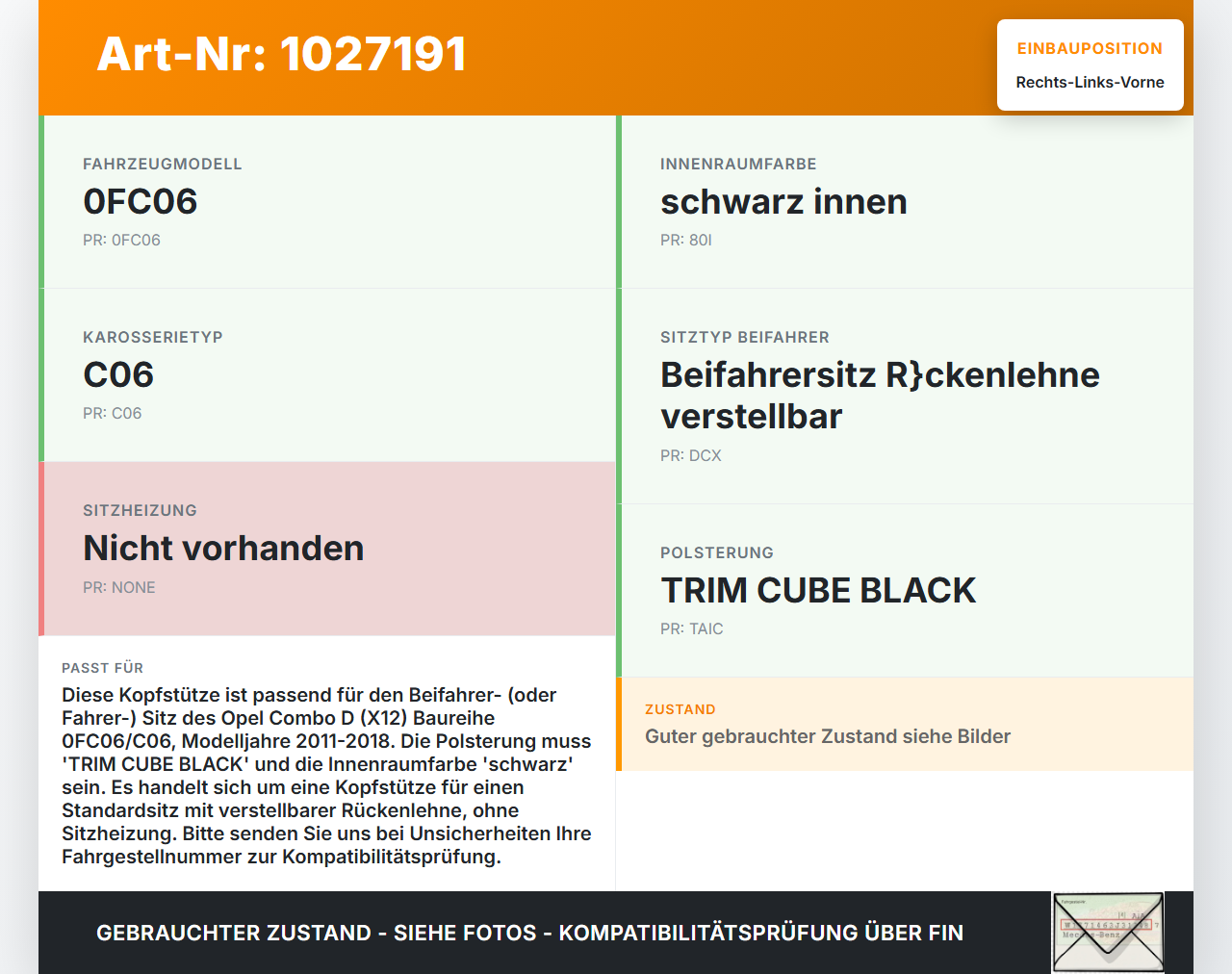 Opel Combo D X12 11-18 Kombi Kopfstütze für Beifahrer Sitz Rechts oder Links Vorne Opel Combo D X12 11-18... Vorschau 3
