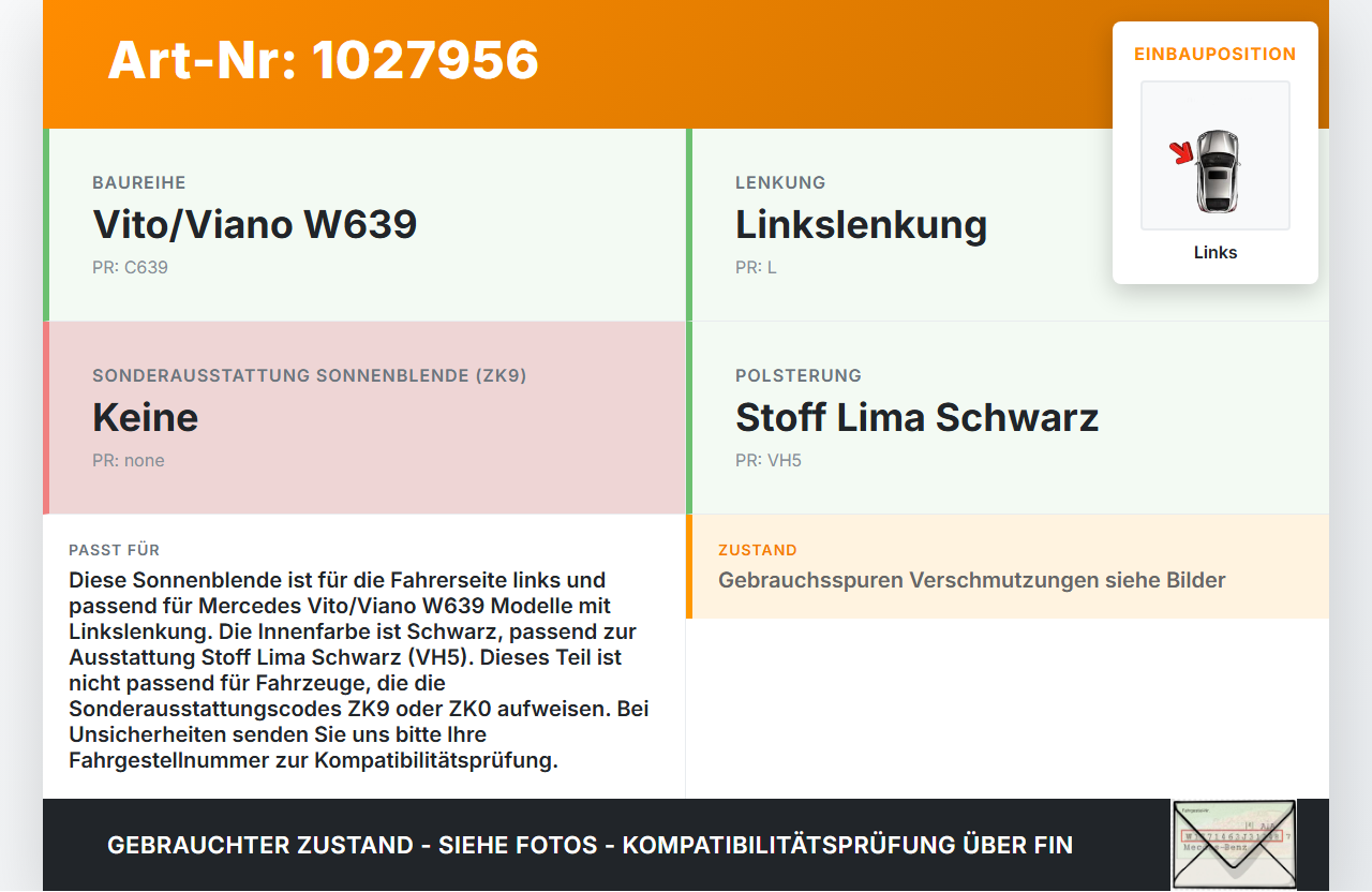Mercedes Vito W639 10-14 Sonnenblende Links Fahrerseite Mercedes Vito W639 10-14 26.06.2013 A6398100010 gebraucht Vorschau 3