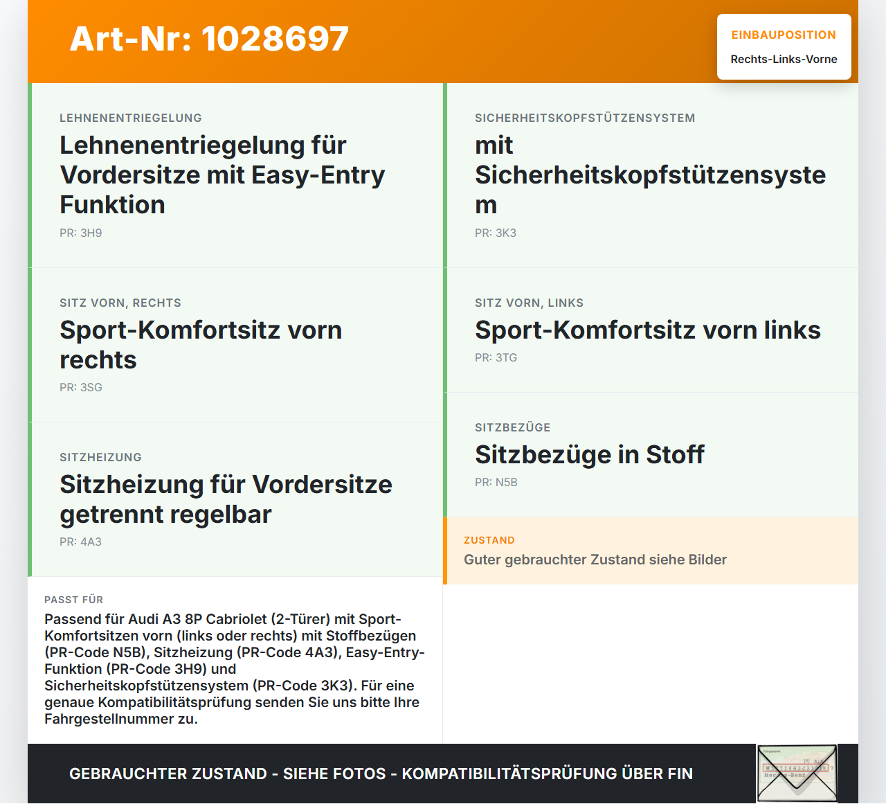 Audi A3 8P 08-10 Kopfstütze für Fahrer Sitz Rechts oder Links Vorne Audi A3 8P 08-10 27.04.2009 8P7881901A gebraucht Vorschau 3