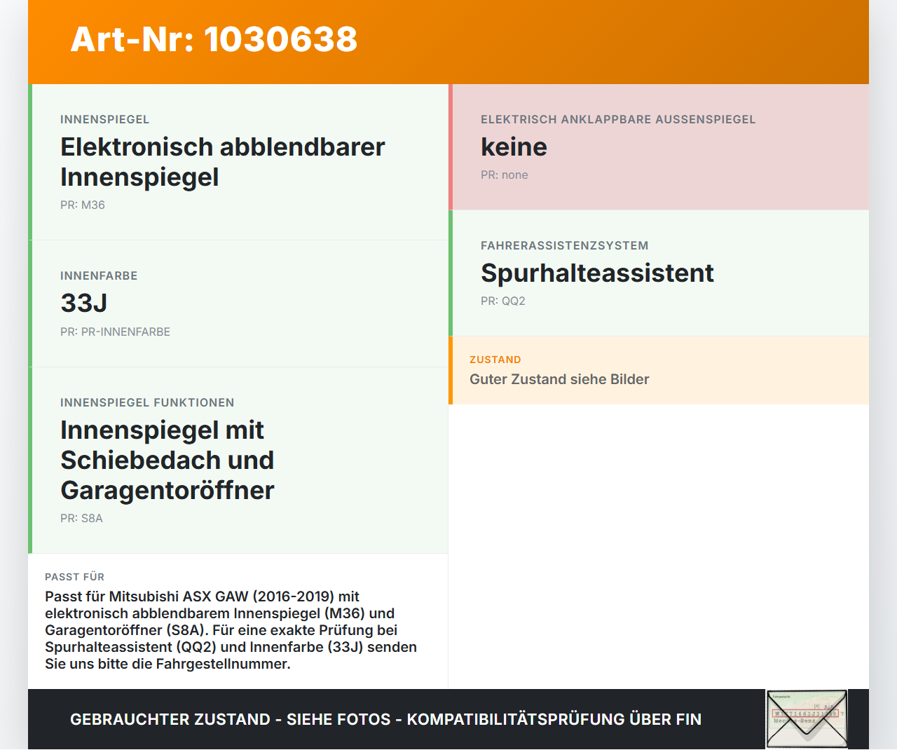 Mitsubishi ASX GAW 16-19 Innenspiegel Rückspiegel Spiegel Innen Mitsubishi ASX GAW 16-19 15.09.2017 7630A235... Vorschau 3