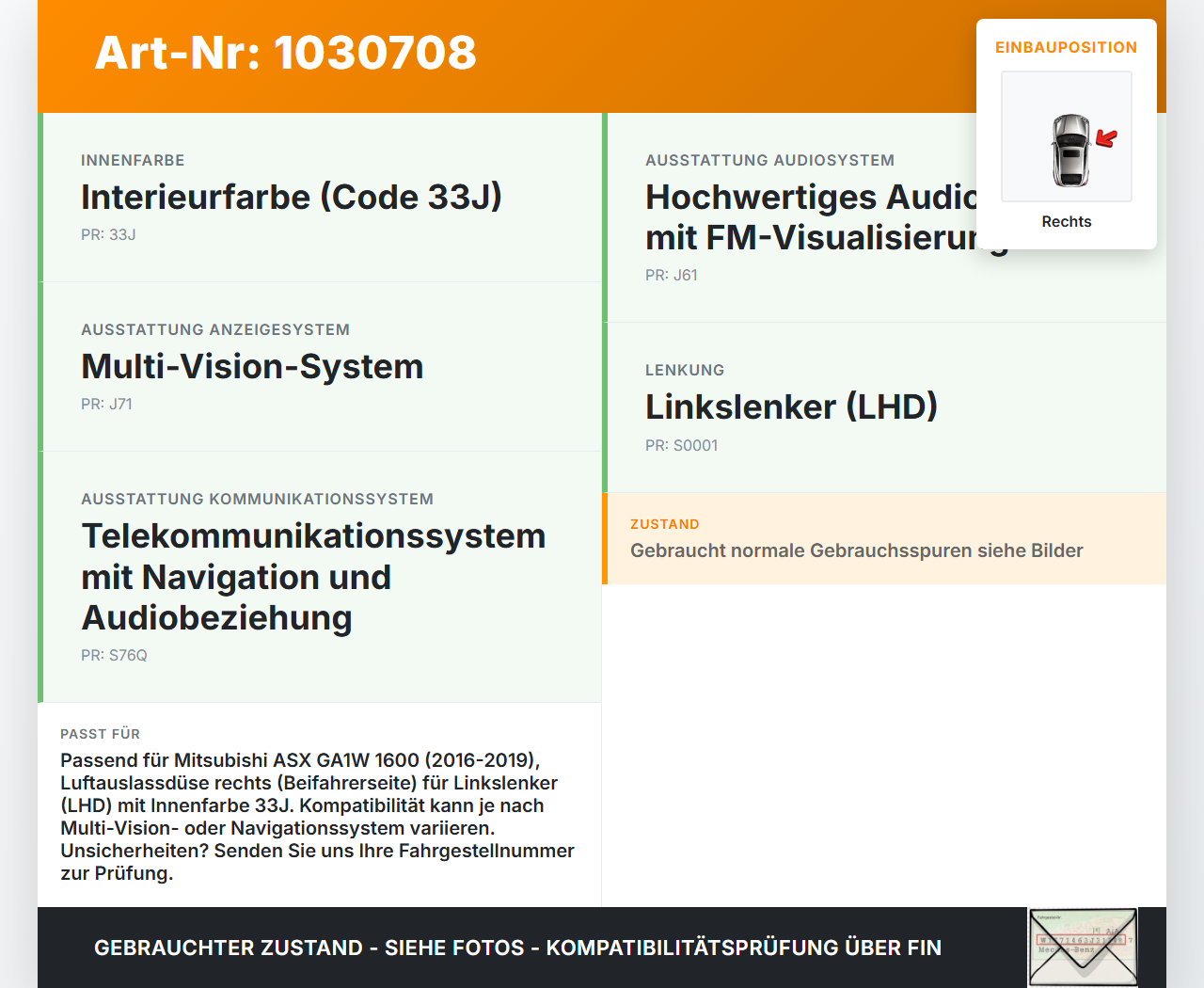 Mitsubishi ASX GAW 16-19 Luftdusche Luftdüse Rechts Mitsubishi ASX GAW 16-19 15.09.2017 8030A166XA gebraucht Vorschau 3