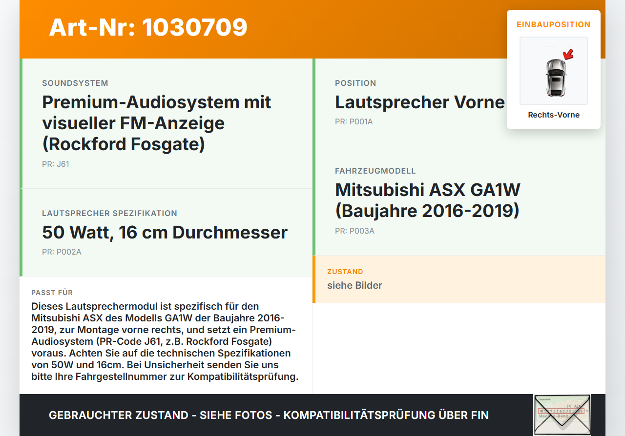 Mitsubishi ASX GAW 16-19 Lautsprecher Rechts Vorne Rockford Fosgate Mitsubishi ASX GAW 16-19 15.09.2017 8720A011... Vorschau 3