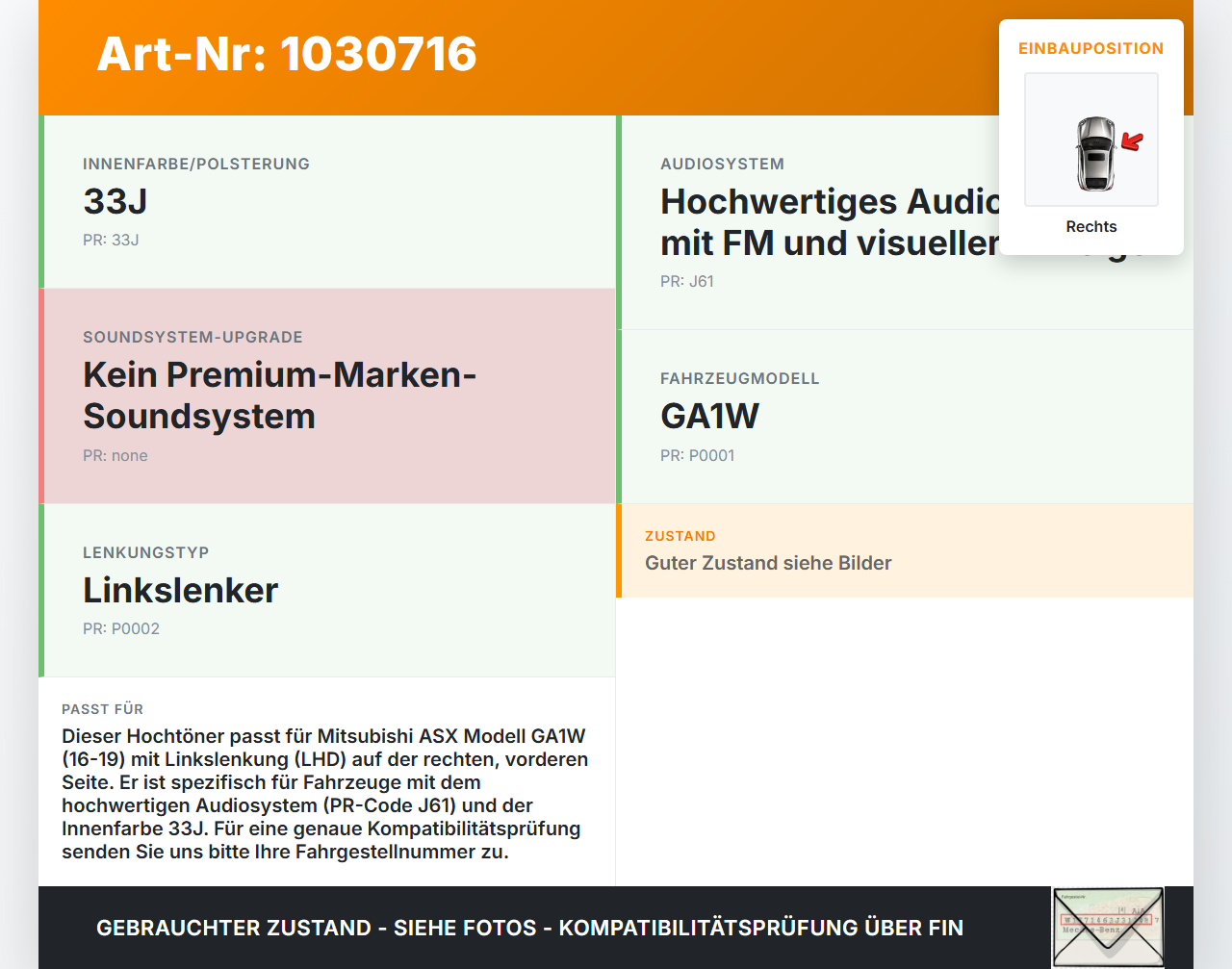 Mitsubishi ASX GAW 16-19 Lautsprecher Hochtöner Rechts Mitsubishi ASX GAW 16-19 15.09.2017 7221A614 8720A009 gebraucht Vorschau 3