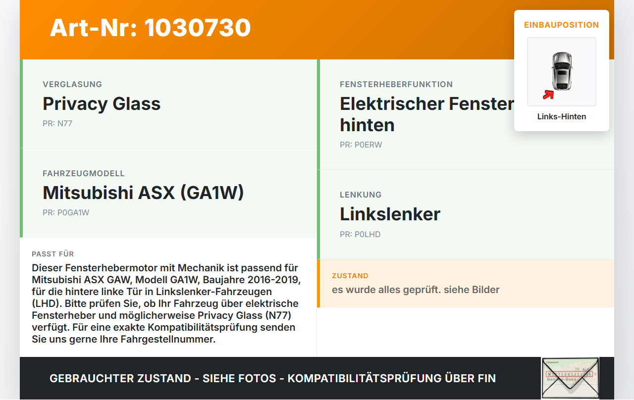 Mitsubishi ASX GAW 16-19 Fensterhebermotor mit Fensterheber Links Hinten Mitsubishi ASX GAW 16-19 15.09.2017... Vorschau 3