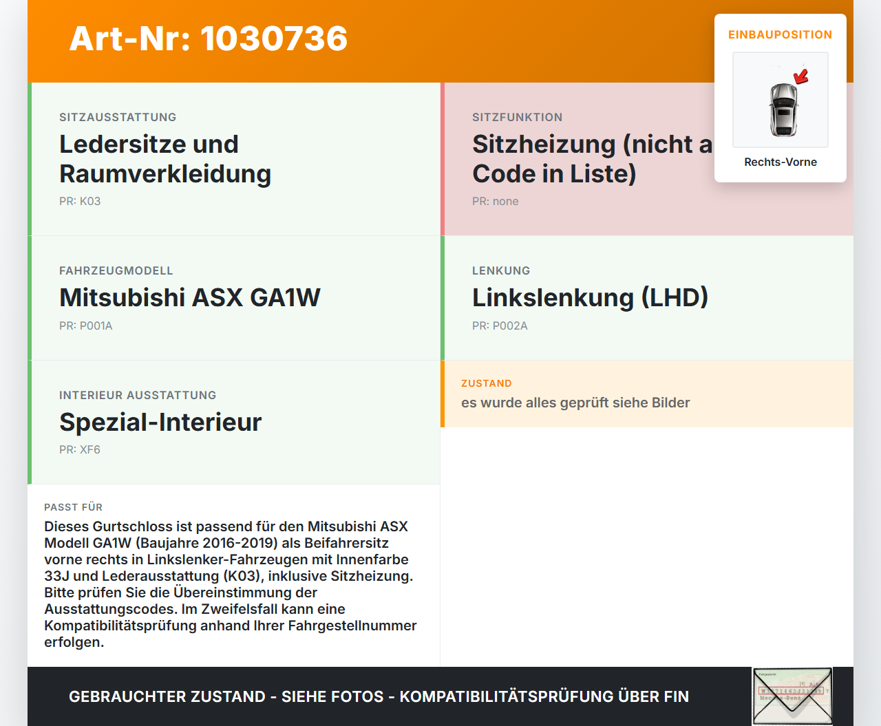 Mitsubishi ASX GAW 16-19 Gurtschloss Beifahrer Rechts Vorne Mitsubishi ASX GAW 16-19 15.09.2017 7000B669XA 6187695... Vorschau 3
