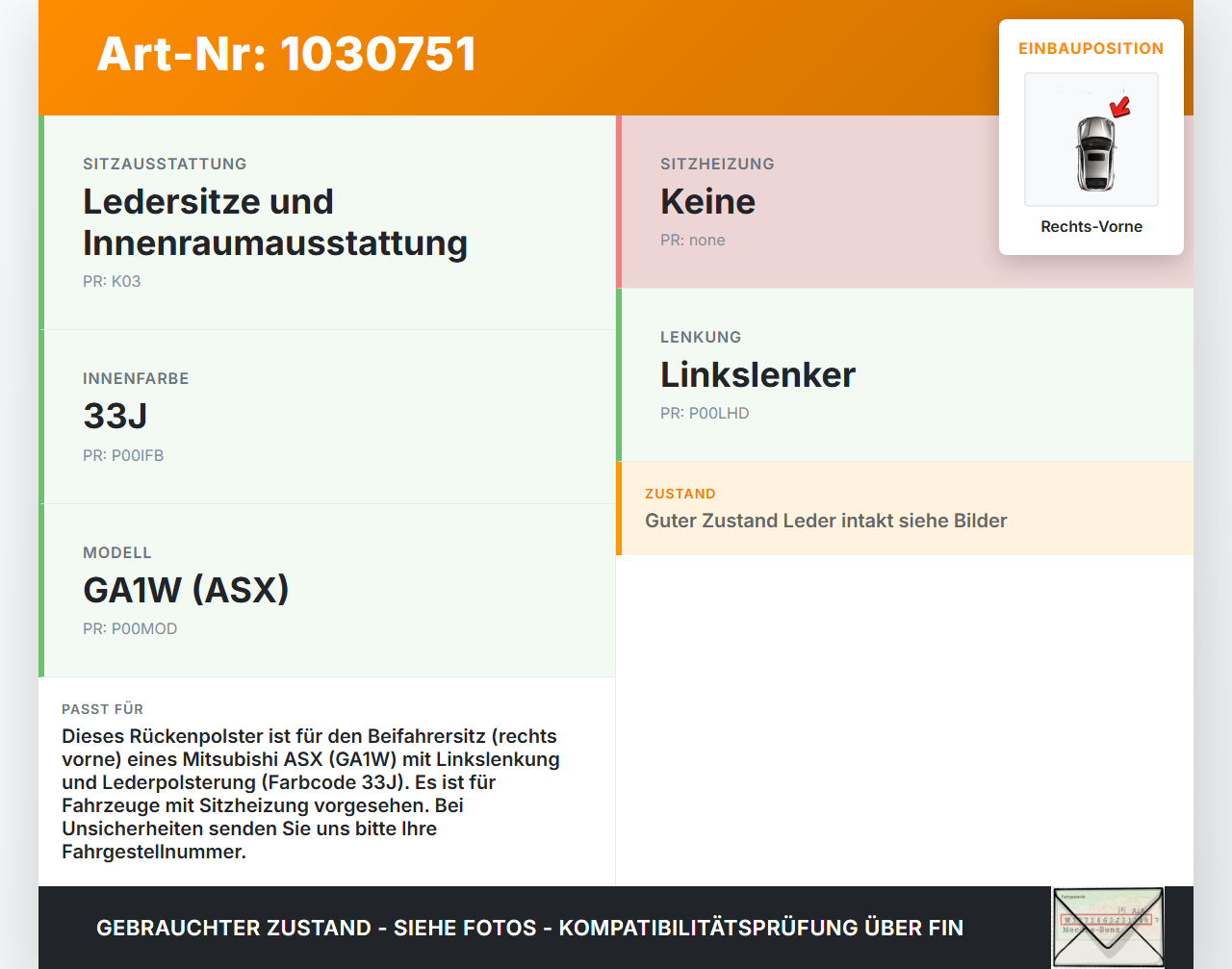 Mitsubishi ASX GAW 16-19 Sitzbezug Rückenpolster Rechts Vorne für Beifahrer Sitz beheizt Mitsubishi ASX GAW 16-19... Vorschau 3