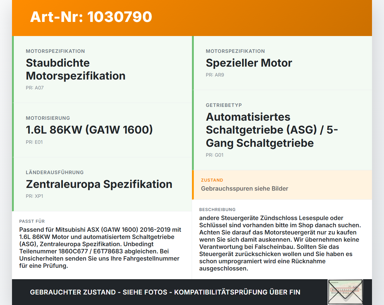 Mitsubishi ASX GAW 16-19 1,6 86KW Steuergerät ECU für Motor Motorsteuergerät Mitsubishi ASX GAW 16-19 15.09.2017... Vorschau 3
