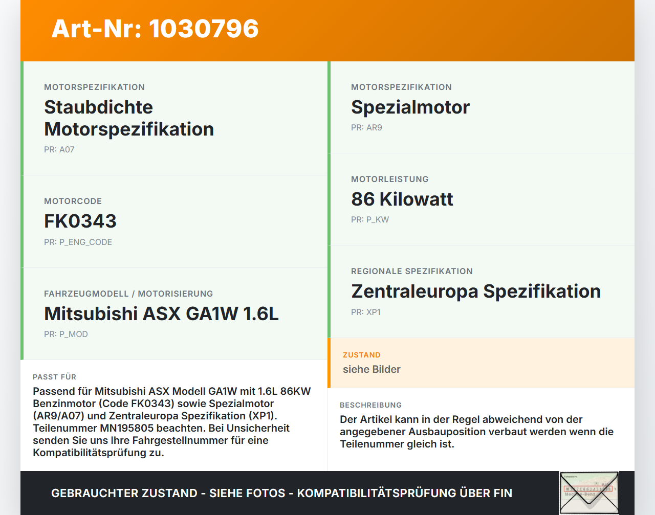 Mitsubishi ASX GAW 16-19 1,6 86KW Zündspule Zyl.1 Mitsubishi ASX GAW 16-19 15.09.2017 FK0343 MN195805 gebraucht Vorschau 3