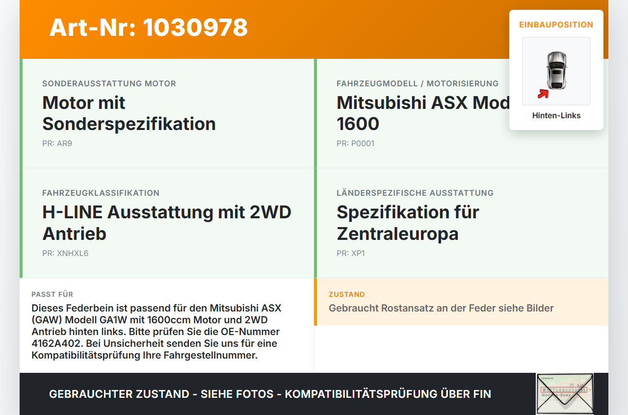Mitsubishi ASX GAW 16-19 Federbein Stossdämpfer Hinten Links Mitsubishi ASX GAW 16-19 15.09.2017 4162A402 gebraucht Vorschau 3