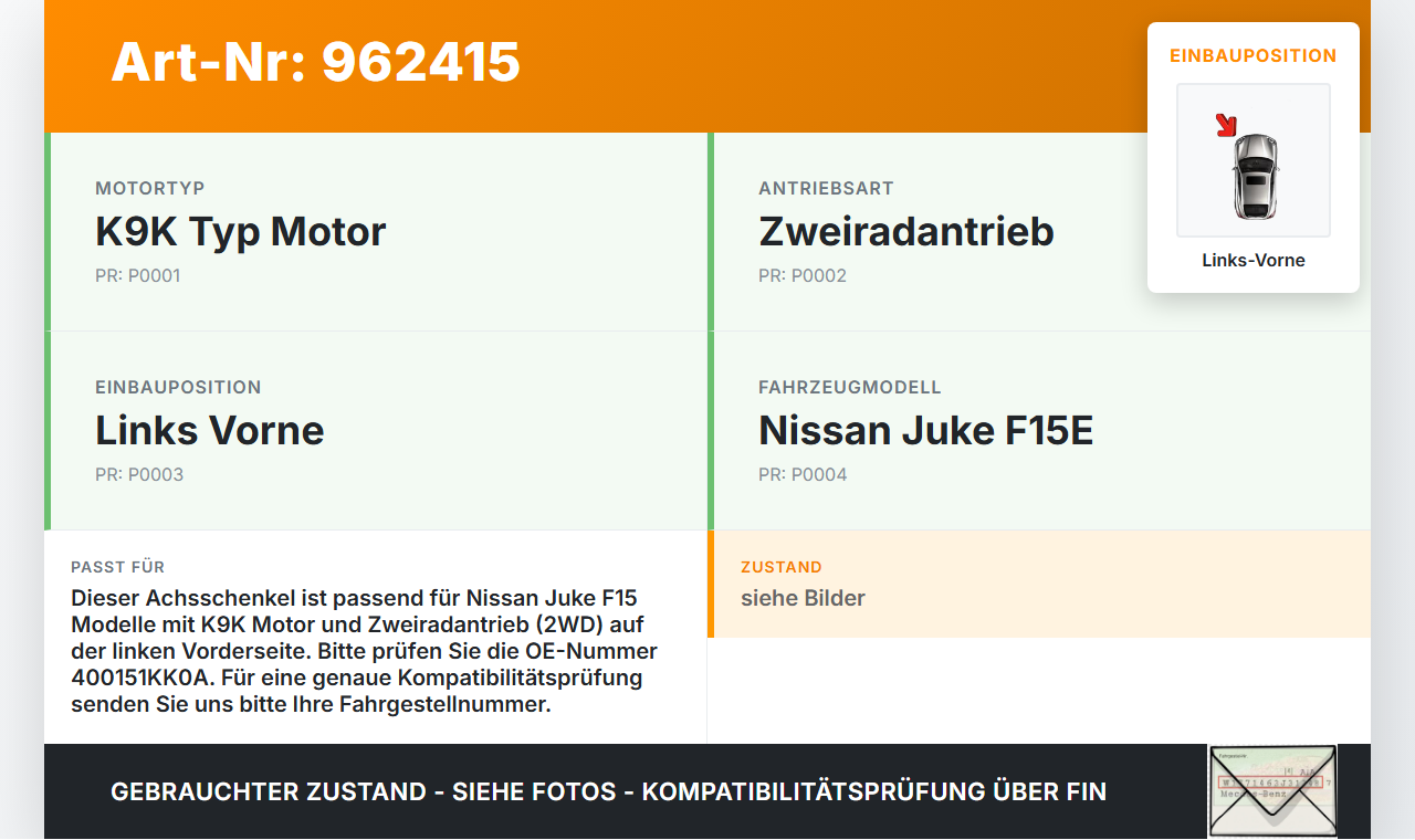 Nissan Juke F15 10-19 dCi 1,5 81KW Achsschenkel Radnabe Links Vorne Nissan Juke F15 10-19 10.06.2015 400151KK0A... Vorschau 3