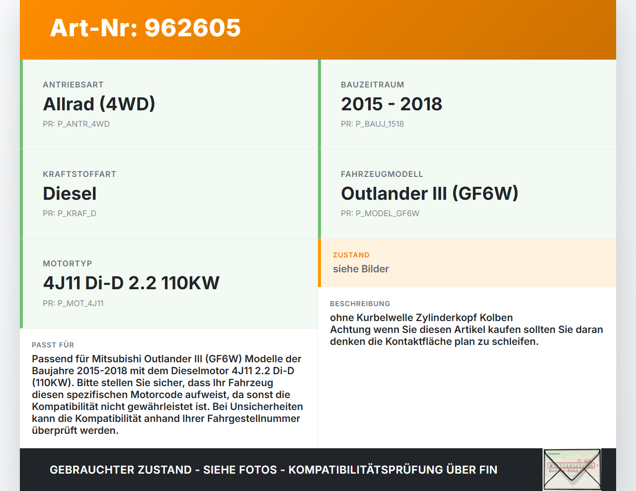 Mitsubishi Outlander III 15-18 Di-D 2,2 110KW 4J11 Motorblock für Motor Mitsubishi Outlander III 15-18 15.10.2015... Vorschau 3