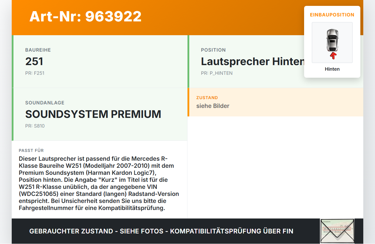 Mercedes W251 R350 07-10 Kurz Lautsprecher Hinten Orig. Harman Kardon Logic7 Mercedes W251 R350 07-10 27.02.2007... Vorschau 3