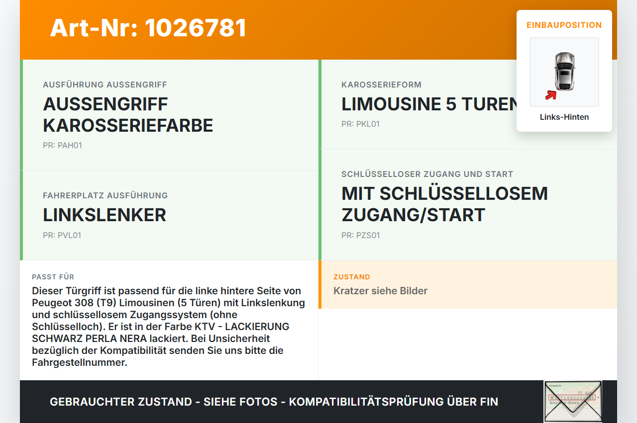 Peugeot 308 II 17-21 Lim Türgriff Griff aussen Links Hinten KTV Peugeot 308 II 17-21 06.04.2021 1609240780 gebraucht Vorschau 3