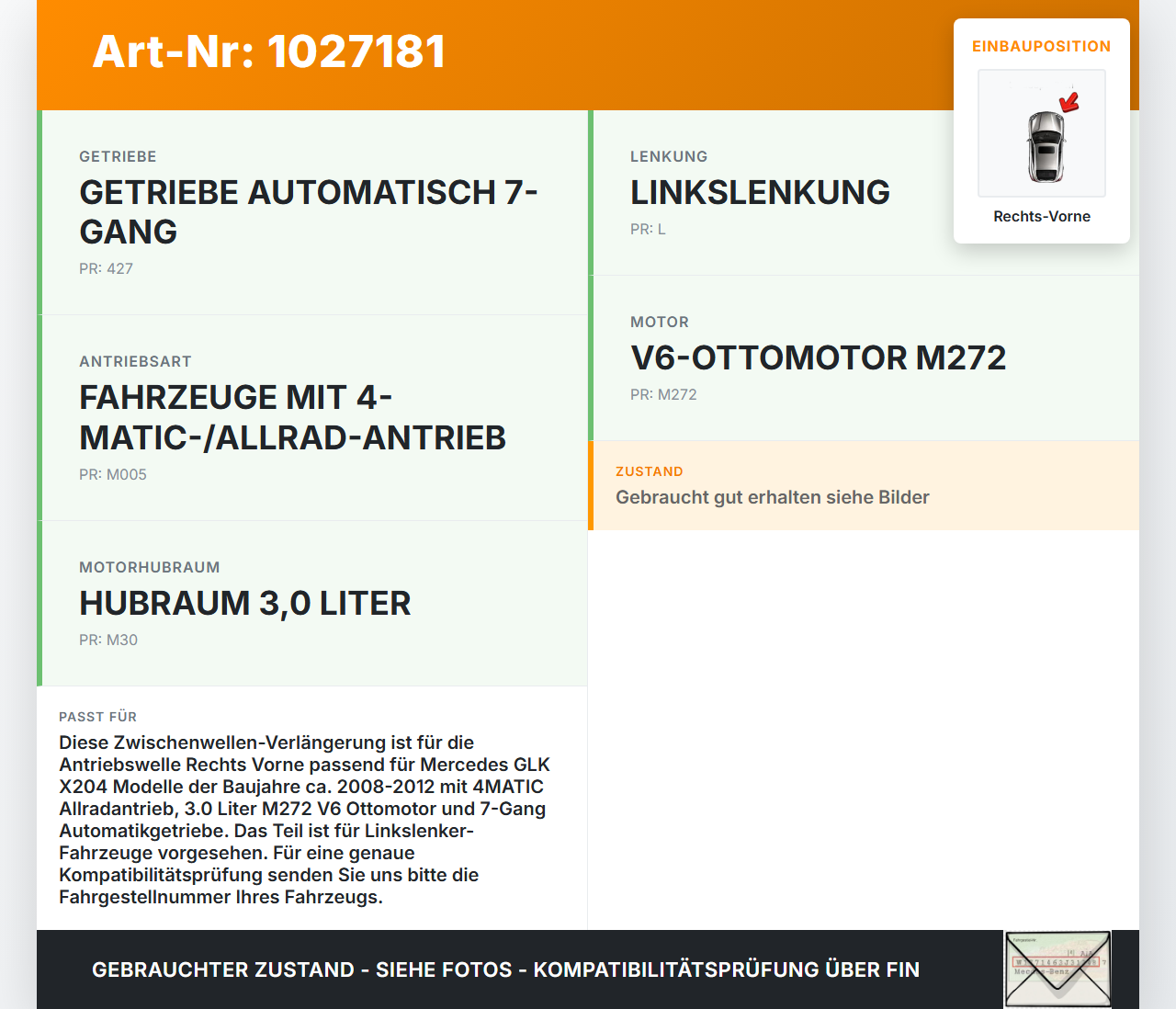 Mercedes GLK 300 X204 08-12 3,0 Verlängerung Zwischenwelle für Antriebswelle Rechts Vorne Mercedes GLK 300 X204... Vorschau 3