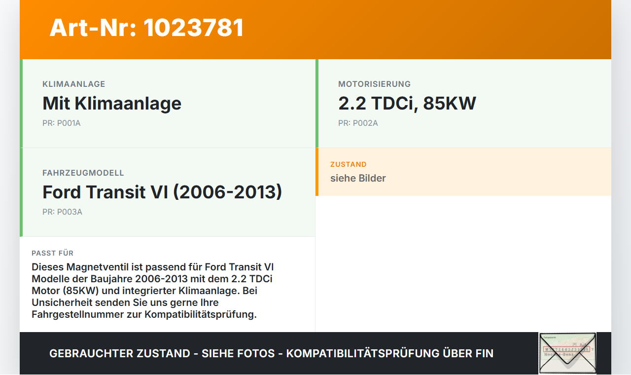 Ford Transit VI 06-13 TDCi 2,2 85KW Magnetventil Ford Transit VI 06-13 26.11.2010 92AB-9H465-AA gebraucht Vorschau 3